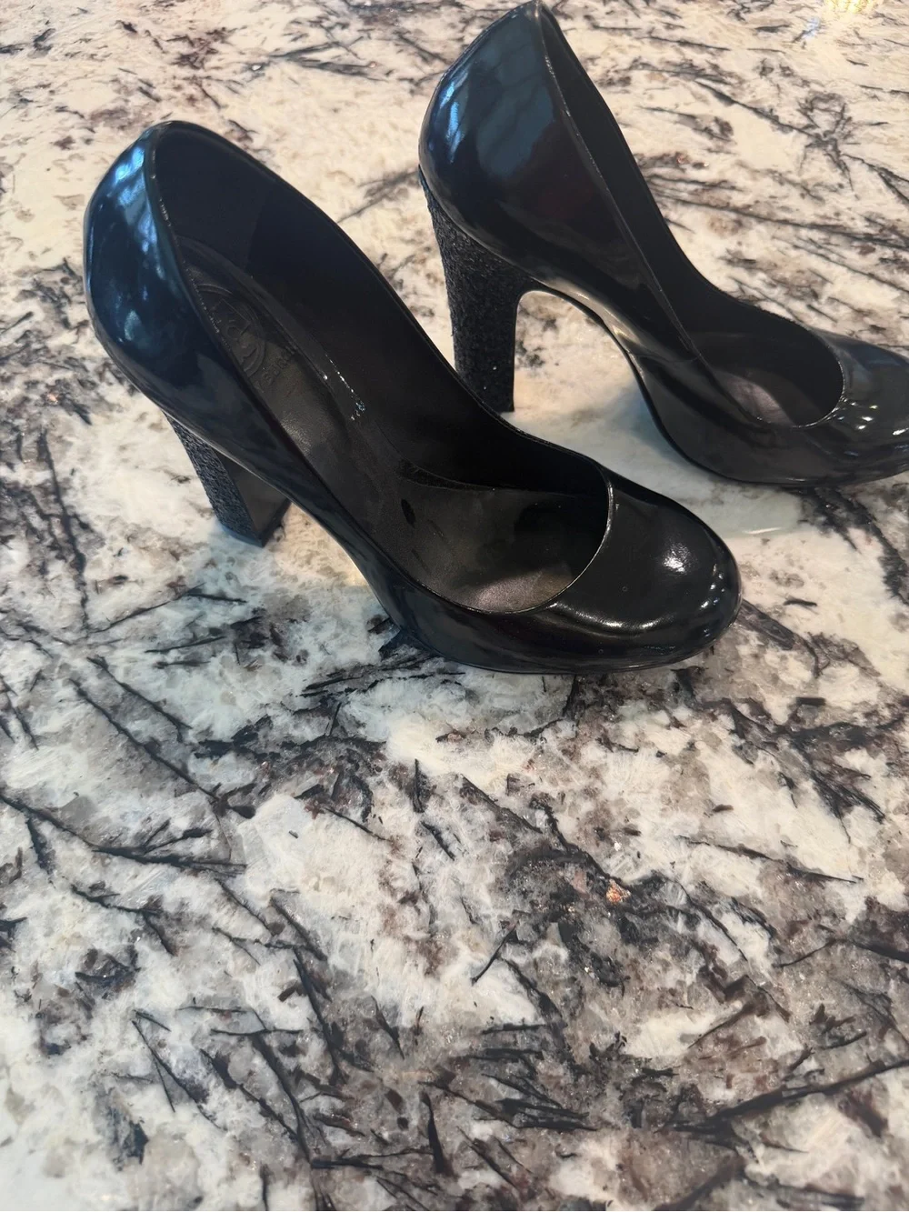 Tory Burch Black Patent Leather Round-Toe Heels